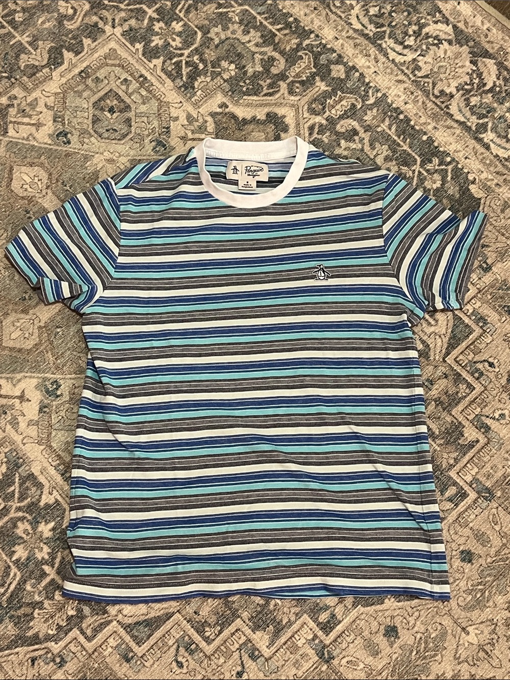 Original Penguin Striped Short Sleeve Tee in Blue, Gray & White